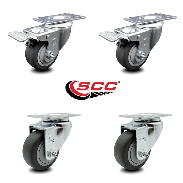 3.5 Inch Thermoplastic Rubber Swivel Top Plate Caster Total Lock Brake SCC, 2PK